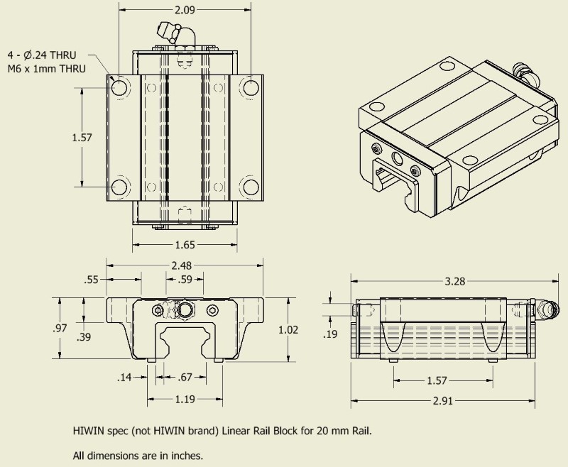 HIWIN Spec Linear Guide Block drawing and dimensions for 20 mm rail